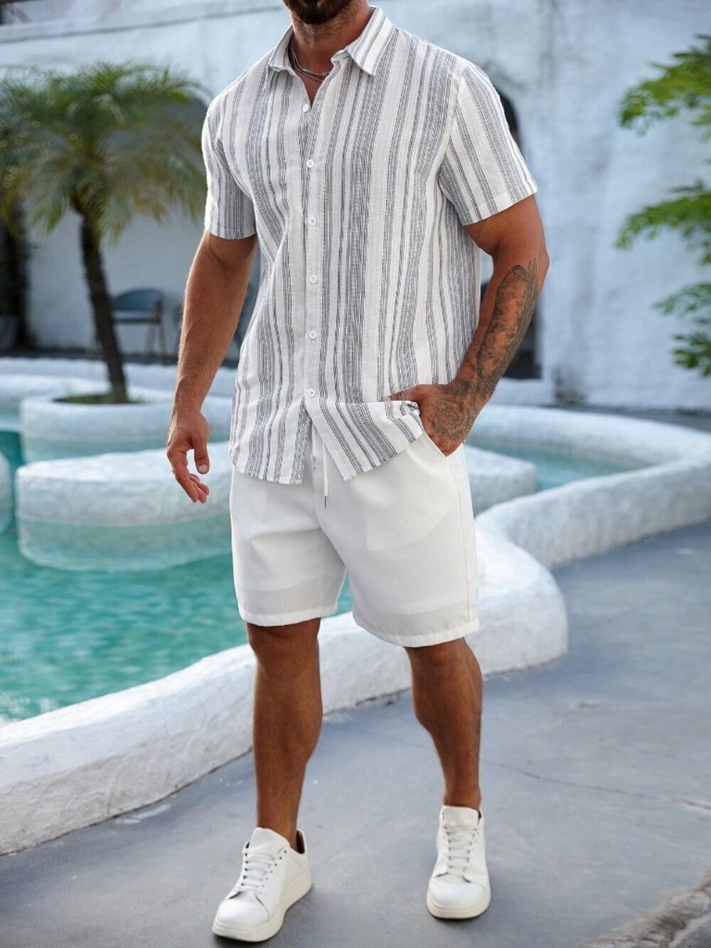 Multicolor Modern Men's Striped Front Button Short Sleeve Shirt – Casual Holiday - Picture 6 of 6